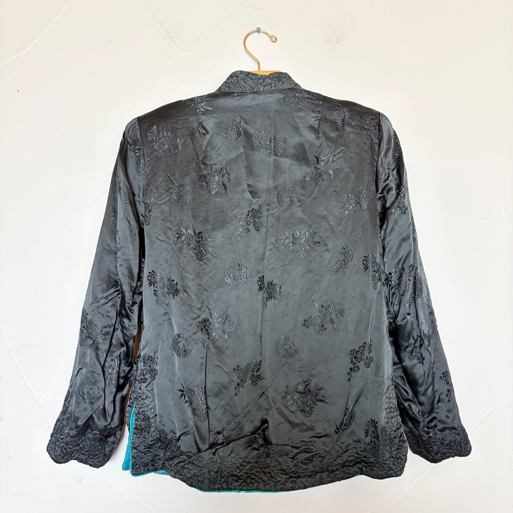 Vintage Reversible Satin Chinese Jacket Teal Black Embroidered Frog‎ Buttons - Picture 6 of 16